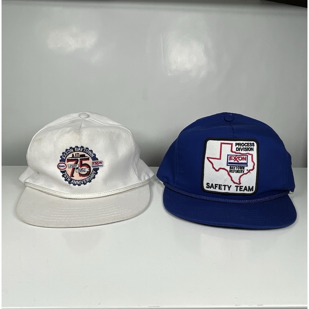 Vintage Mobil Oil Exxon Embroidered Strapback Trucker Hat Baytown (2 Hats)